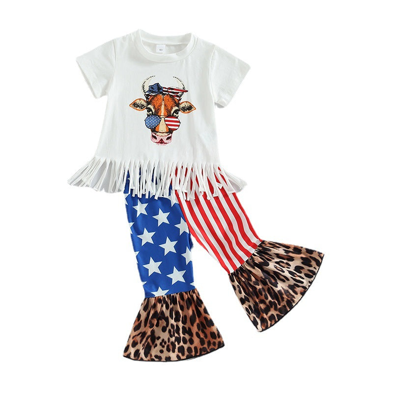 Wholesale Cotton Cow Tassel Leopard Print Flared Pants Girls Set